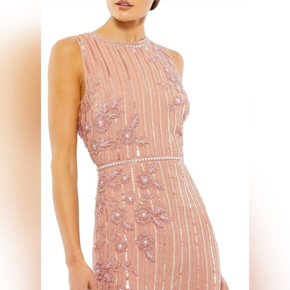 Mac Duggal STRIPED FLORAL EMBELLISHED MIDI DRESS NWOT size 14 Rose Pink (70260) - Picture 3 of 6